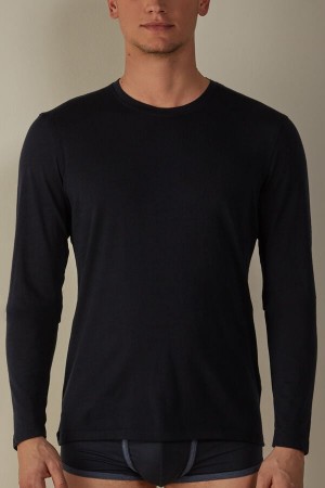 Manches Longues Intimissimi Crew-Neck Merino-Laine Top Homme Bleu | FRFM4976