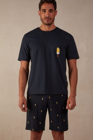 Pyjamas Intimissimi Ice Cream Print Corta Coton Homme Bleu Blanche | FRQZ4921