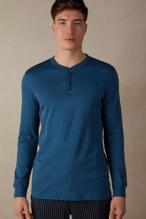Pyjamas Intimissimi Supima Interlock Long-Sleeve Top Homme Blanche Bleu | FRNB4948
