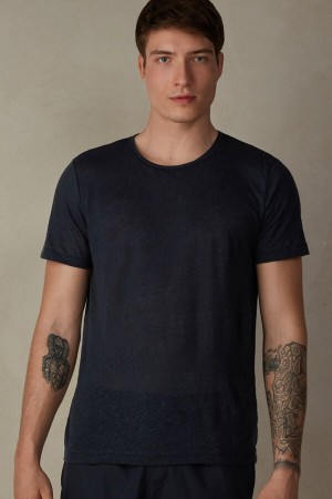 T Shirts Intimissimi Corta-Sleeved Linen Homme Bleu | FRDN5034